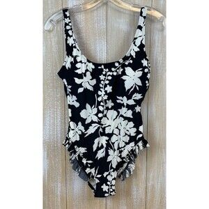 Michael Kors Black & White Floral High Leg Ruffle One Piece Swimsuit Sz 8